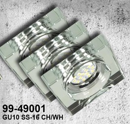 ZESTAW TRZECH OPRAW SS-16 CH/WH  3X3W GU10 LED Z ŻARÓWKĄ  LED CHROM OPR. STROP. STAŁA KWADRATOWA SZKŁO BEZBARWNE