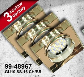 ZESTAW TRZECH OPRAW SS-16 CH/BR  3X3W GU10 LED Z ŻARÓWKĄ  LED OPR. STROP. STAŁA KWADRATOWA SZKŁO BRĄZOWE